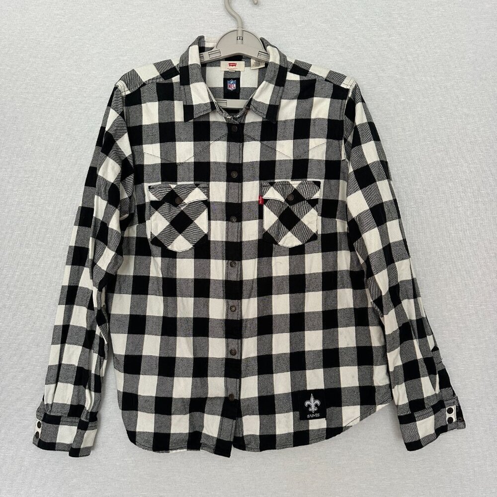 LEVIS WOMEN'S BLACK WHITE PLAID NFL ORLEANS SAINTS SNAP BUTTON UP SHIRT SIZE XL